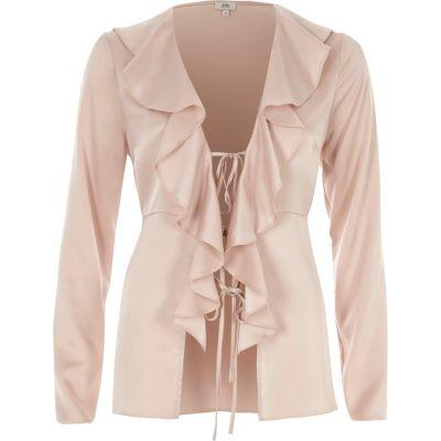River Island Womens Satin Frill Tie-up Long Sleeve Blouse