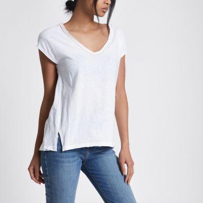 River Island Womens White Diamante Trim V Neck Slouch T-shirt