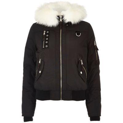 River Island Womens Glam Faux Fur Trim Hooded Bomber