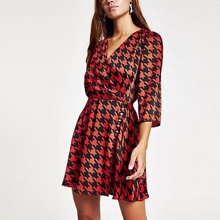 River Island Womens Petite Dogtooth Check Print Wrap Dress