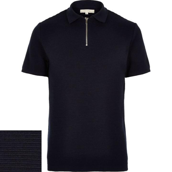 River Island Mensnavy Zip Neck Ribbed Polo Shirt