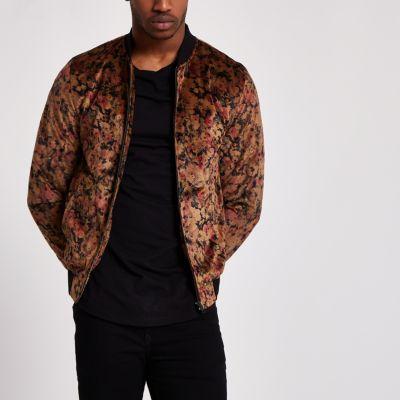 River Island Mens And Gold Floral Velvet Bomber Jacket