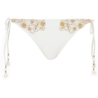 River Island Womens White Beaded Low Rise Bikini Bottoms