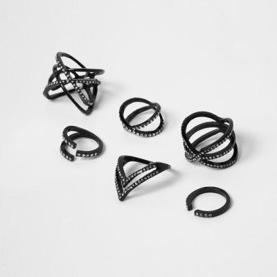 River Island Womens Rhinestone Encrusted Ring Pack