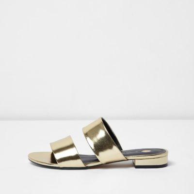River Island Womens Gold Metallic Two Strap Mules