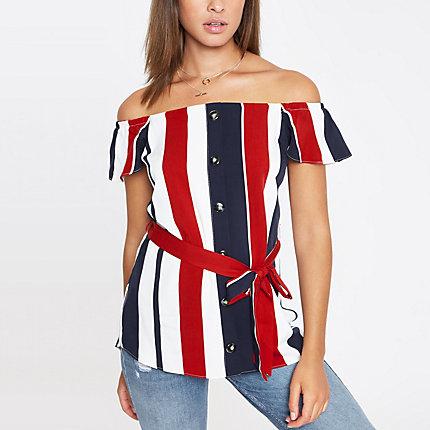 River Island Womens White Stripe Bardot Tie Waist Top