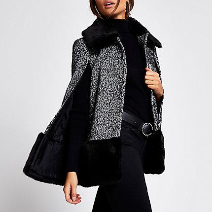 River Island Womens Printed Faux Fur Trim Cape