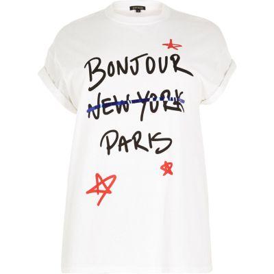 River Island Womens Plus White 'bonjour' Print T-shirt