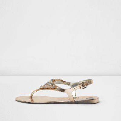 River Island Womens Gold Metallic Embellished Jelly Sandals