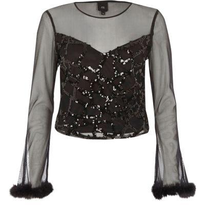 River Island Womens Mesh Sequin Long Sleeve Top
