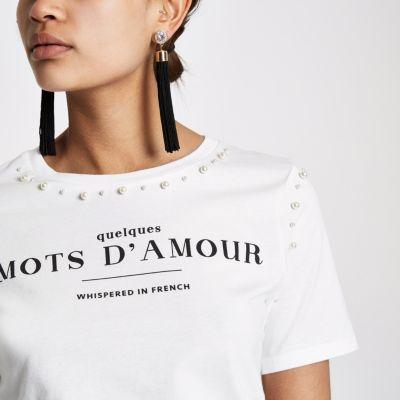 River Island Womens White 'amour' Pearl Trim Fitted T-shirt