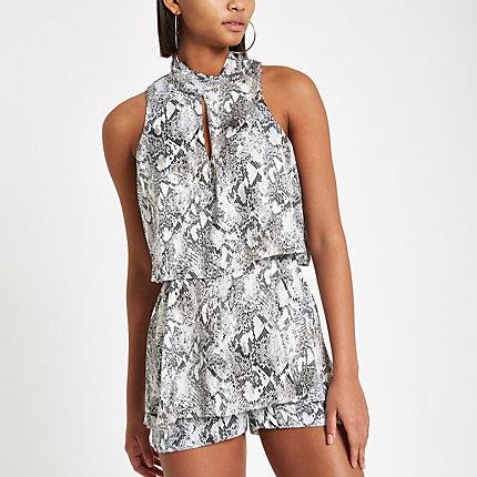 River Island Womens Snake Print High Neck Tiered Playsuit