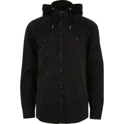 River Island Mensblack Hooded Denim Shirt