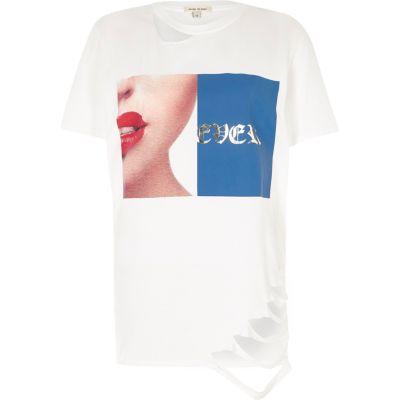 River Island Womens White Metallic Print Slashed T-shirt