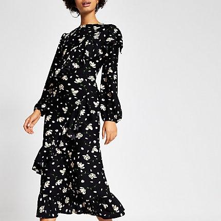 River Island Womens Printed Long Sleeve Ruffle Midi Dress