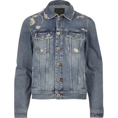 River Island Mens Wash Distressed Western Denim Jacket