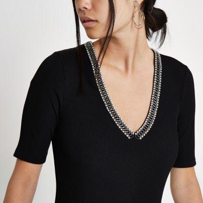 River Island Womens Rib Rhinestone Embellished Bodysuit