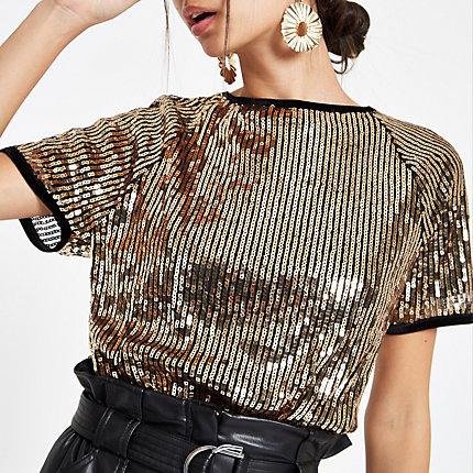 River Island Womens Gold Sequin Embellished T-shirt