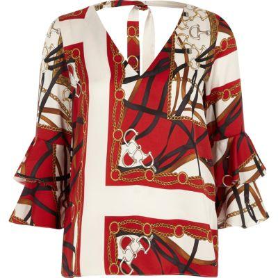 River Island Womens Scarf Print Double Bell Sleeve Top
