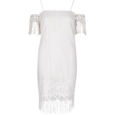 River Island Womens White Lace Cold Shoulder Slip Dress