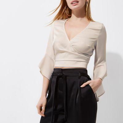 River Island Womens Petite Wrap Frill Sleeve Crop Top
