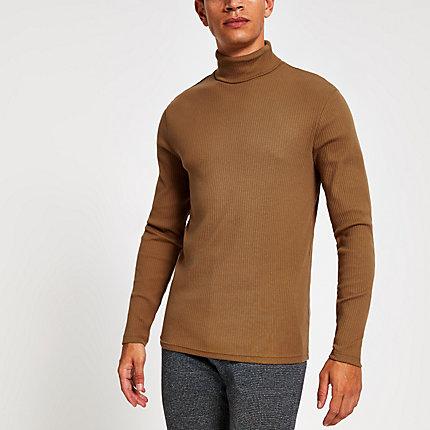 River Island Mens Ribbed Roll Neck Long Sleeve T-shirt