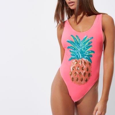 River Island Womens Pineapple Sequin High Leg Swimsuit