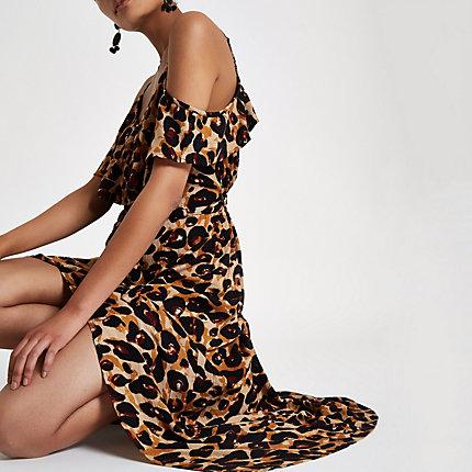 River Island Womens Leopard Print Frill Cold Shoulder Maxi Dress
