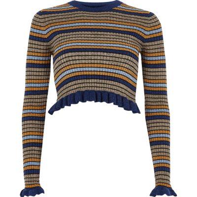 River Island Womens And Gold Glitter Stripe Frill Crop Top