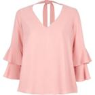 River Island Womens Petite Double Bell Sleeve Tie Back Top