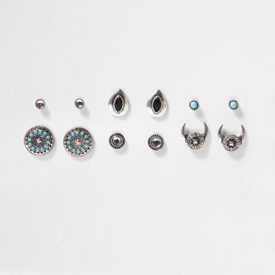 River Island Womens Silver Tone Stone Earrings Pack