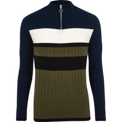 River Island Mens Rib Blocked Muscle Fit Funnel Jumper