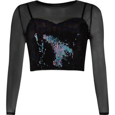 River Island Womens Petite Mesh Sequin Crop Top