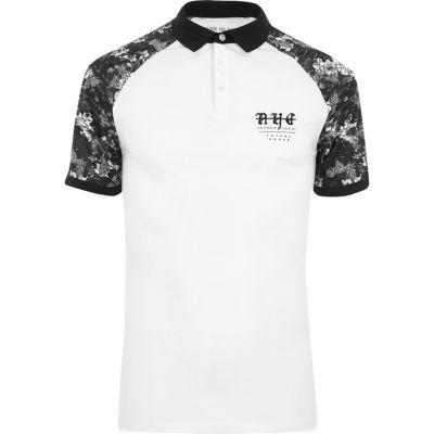 River Island Mens White Mono Print Raglan Muscle Fit Polo Shirt
