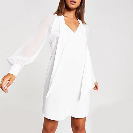 River Island Womens White Chiffon Tie Neck Swing Mini Dress