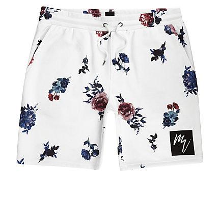 River Island Mens White Floral Slim Fit Jersey Shorts