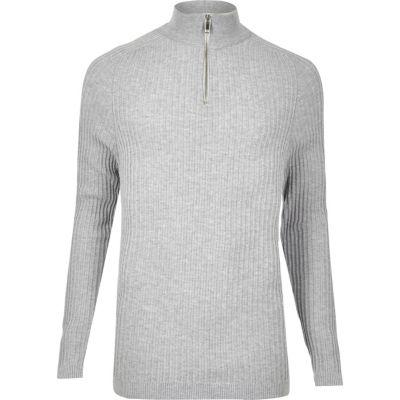 River Island Mens Ribbed Zip Neck Slim Fit Sweater
