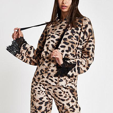 River Island Womens Brushed Leopard Print Lace Trim Hoodie