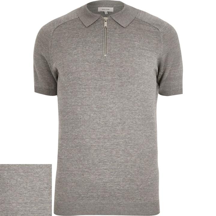 River Island Mensgrey Zip-up Polo Neck