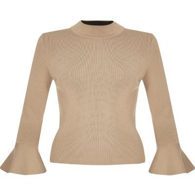 River Island Womens Dark Nude Knitted Flute Sleeve Top