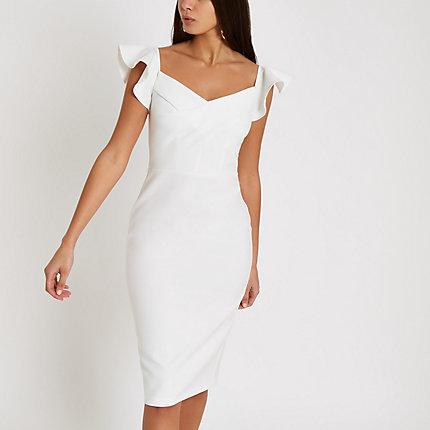 River Island Womens Bardot Ruffle Midi Bodycon Dress