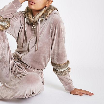 River Island Womens Velour Faux Fur Trim Jumpsuit