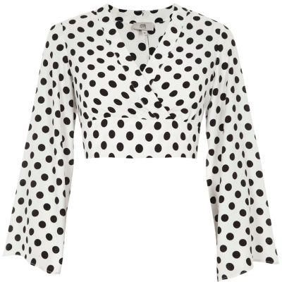 River Island Womens Petite White Polka Dot Bell Sleeve Crop