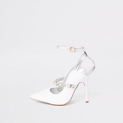 River Island Womens White Pearl Pointed Toe Strappy Court Shoes