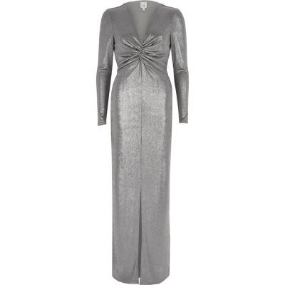 River Island Womens Silver Metallic Knot Front Bodycon Maxi Dress