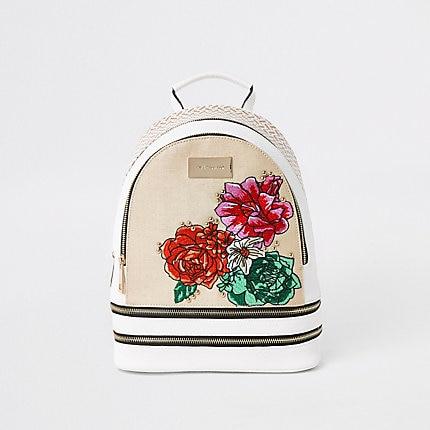 River Island Womens White Floral Embroidered Double Zip Backpack