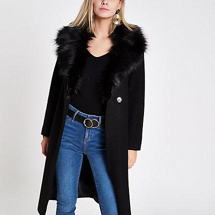 River Island Womens Petite Faux Fur Trim Belted Wool Coat