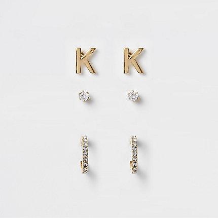 River Island Womens Gold Plated 'k' Cubic Zirconia Stud Multipack