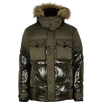 River Island Mens High Shine Faux Fur Hooded Puffer Coat