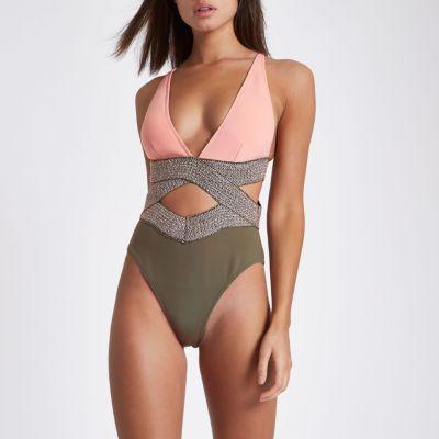 River Island Womens Metallic Elastic Cut Out Plunge Swimsuit